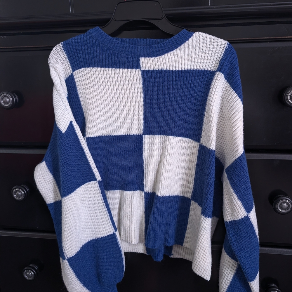 Blue and White Checkered Women's Sweater